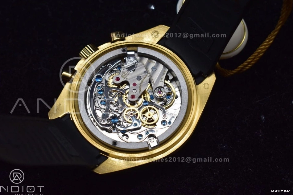 HighQuality RMF Edition in Moonshine Best Strap YG Dial Gold Black Rubber Moonwatch Speedmaster 456 on YG Manual Chrono 0216